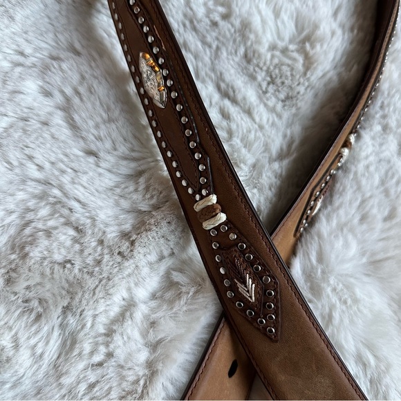 3-D Western Men’s 44 Brown Leather Studded Braided Belt Silver Buckle - Picture 6 of 9